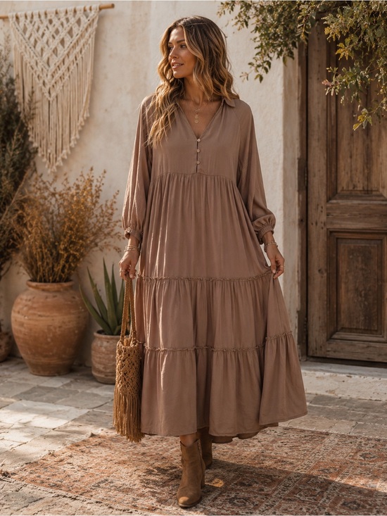Vici Dresses & Skirts - Tan Boho Tiered Pocketed Midi Dress